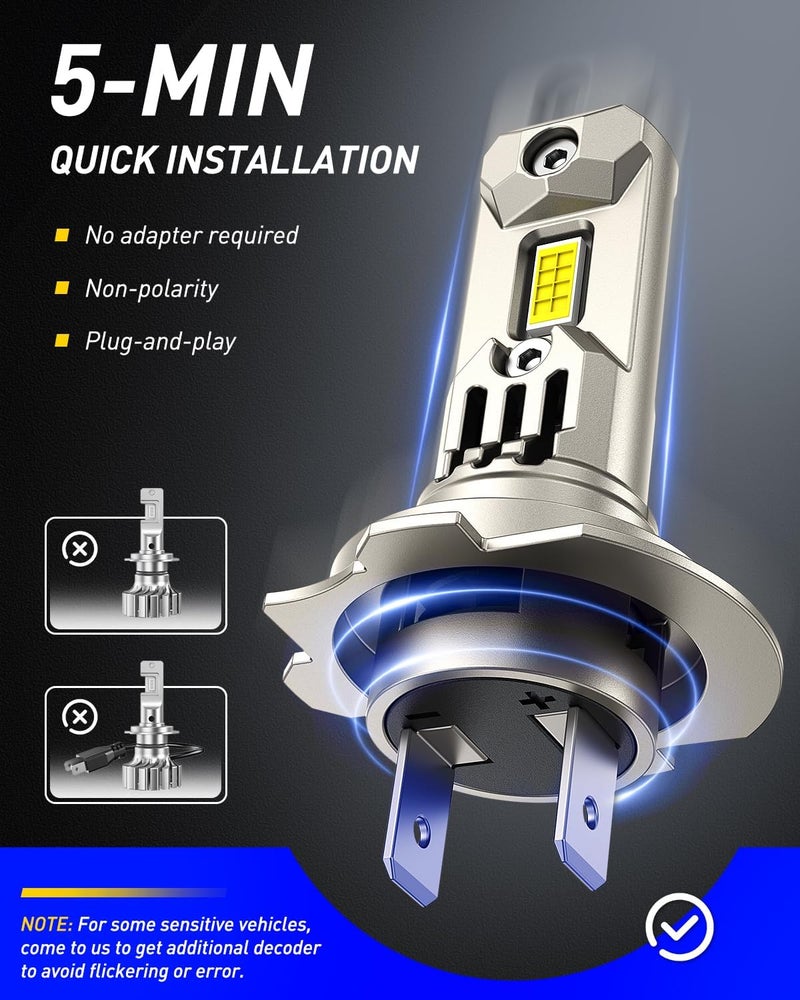 AUTOONE H7 LED Bulbs, Latest-Gen 60000LM 1200% Brighter, 6500K Cool White 1:1 Mini Halogen Size H7 H7LL Accessory Fog Light, No Extra Adapter Needed, Non-polarity Plug and Play, Pack of 2 - Image 4